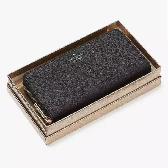 Billetera Kate Spade Grande Larga Negro Glitter