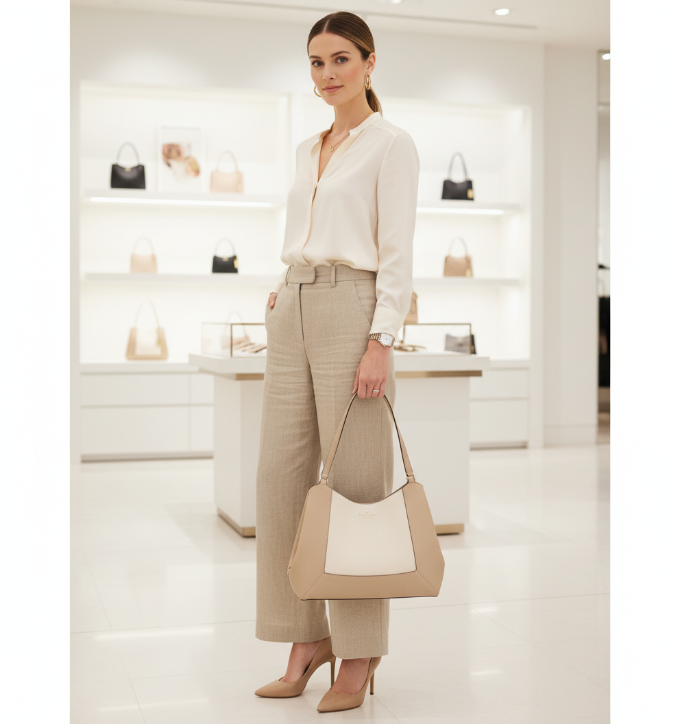 Cartera Kate Spade Lena tres compartimientos grande XL Cuero tonos Beige