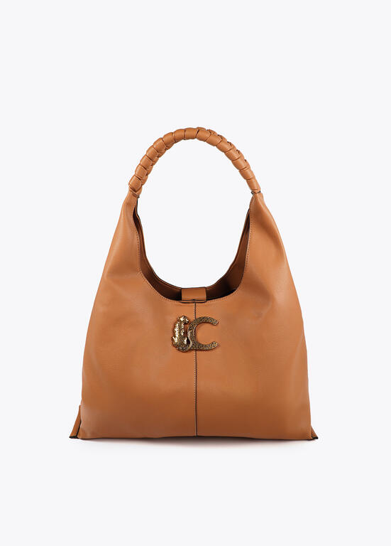 Bolso Lola Casademunt efecto piel asa trenzada y logo LC Camel