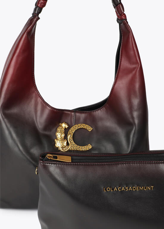 Cartera Lola Casademunt Shopper asa trenzada y logo LC leopardo degrade Burdeo y Negro