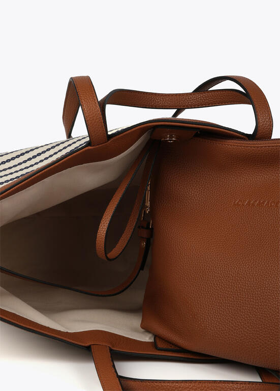 Cartera Lola Casademunt Shopper combinado tejido de rayas y efecto piel marron