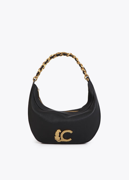 Cartera Lola Casademunt negra media luna con  animal y cadena