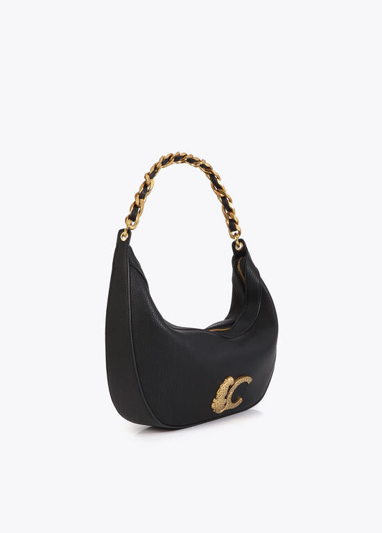 Cartera Lola Casademunt negra media luna con  animal y cadena
