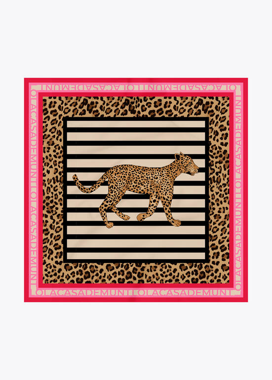 Pañuelo satinado con estampado combinado de rallas y leopardos