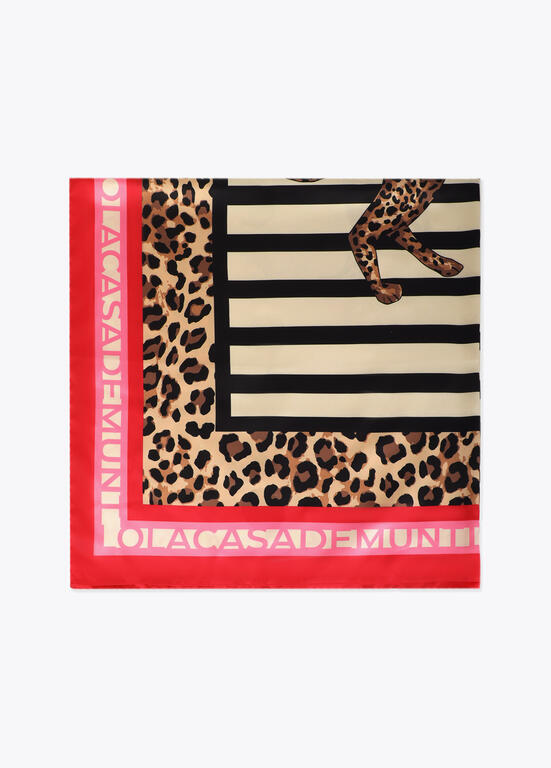 Pañuelo satinado con estampado combinado de rallas y leopardos