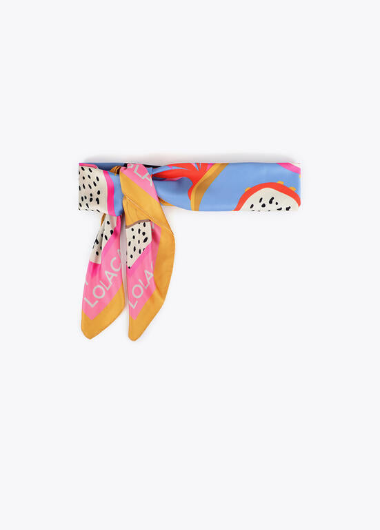 Pañuelo Lola Casademunt satinado con estampado tucán tropical azul multicolor