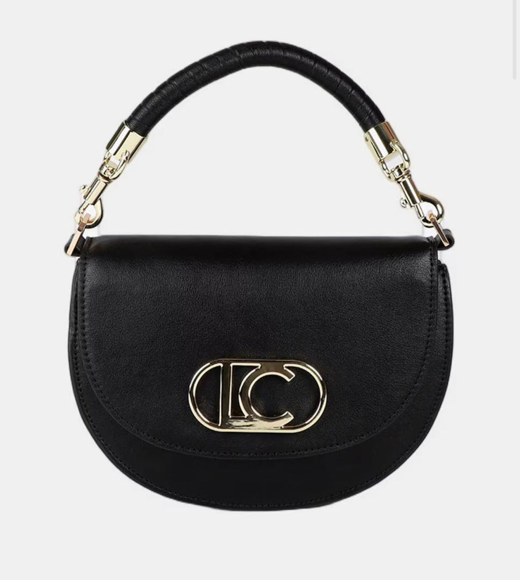 Cartera Lola Casademunt media luna con solapa y asa trenzada negro