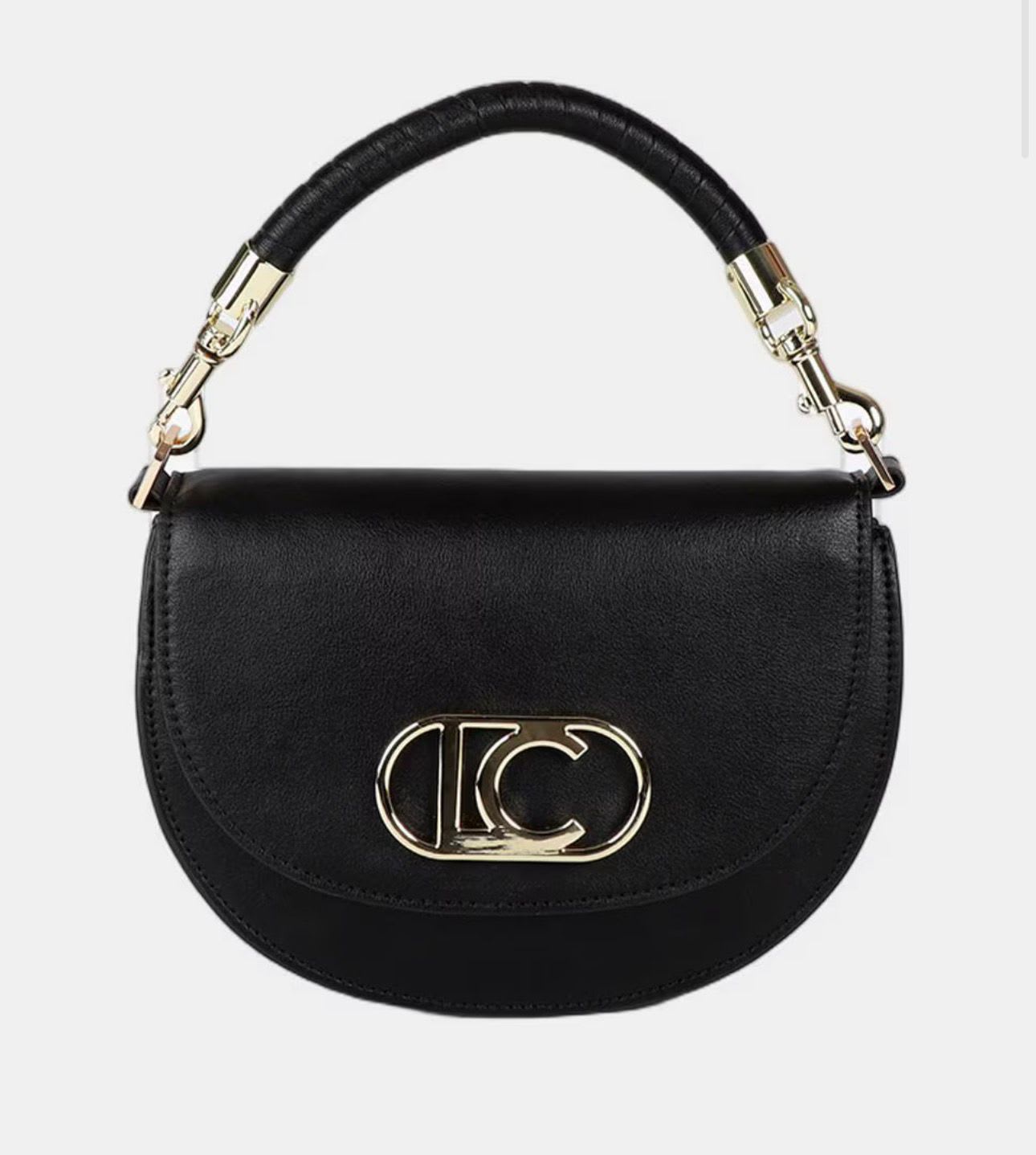 Cartera Lola Casademunt media luna con solapa y asa trenzada negro